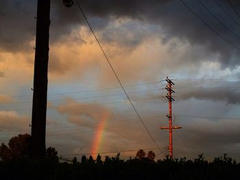 Low angle view of electricity pylon against cloudy sky
