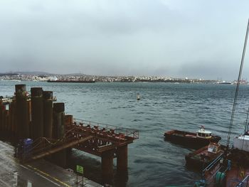 Panoramic view of sea and cityscape against sky