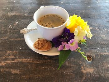 High angle view of various flowers on table