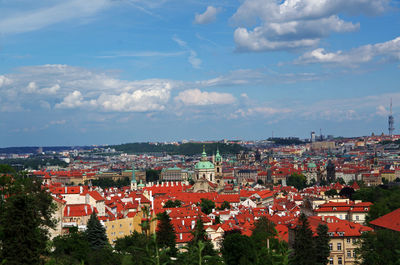 High angle shot of townscape against sky