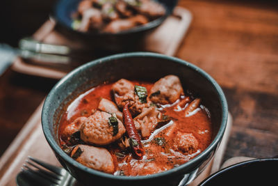 High angle view of noodles in bowl on table