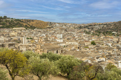 Aerial landscape of scicli with beautiful historic buildings in the baroque style