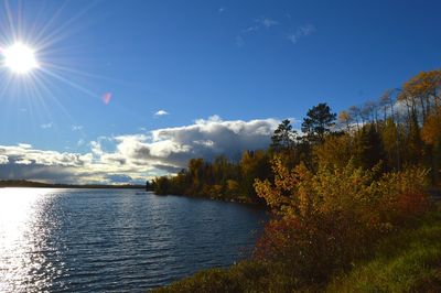 Scenic view of calm lake against blue sky