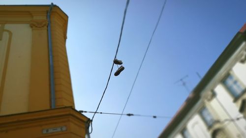 Low angle view of birds hanging against clear sky