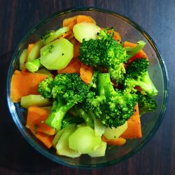 High angle view of salad in bowl on table