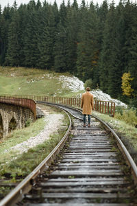 Rear view of man walking on railroad track