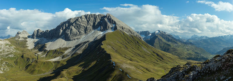 Panoramic view of mountain range against cloudy sky