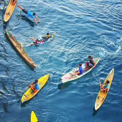 High angle view of boats in sea