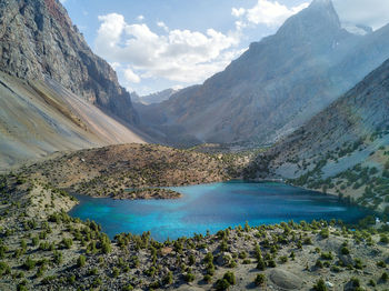 Scenic view of lake and mountains against sky