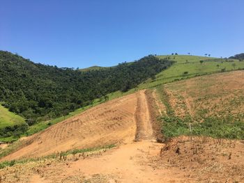 Scenic view of farm against clear blue sky