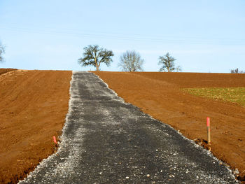 Road amidst trees on field against sky