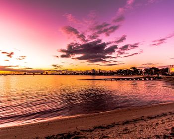 Scenic view of sea against dramatic sky during sunset