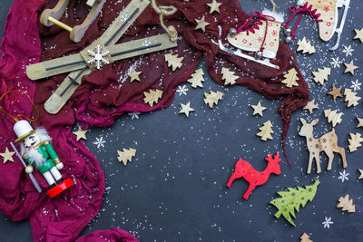 High angle view of christmas decorations on table