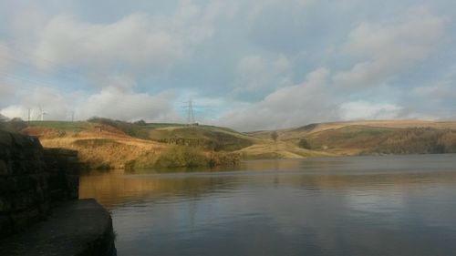 Scenic view of lake against cloudy sky