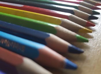 High angle view of colored pencils on table