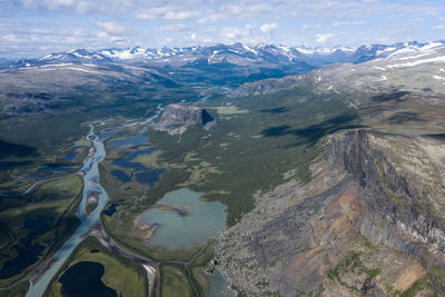 Aerial view at rugged landscape of sarek national park in lapland on beauty sunny day in summer