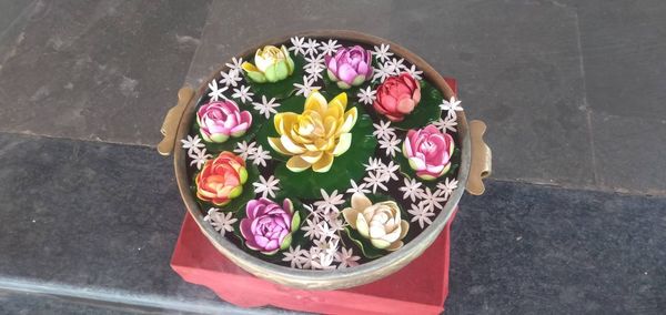 High angle view of rose bouquet on wall