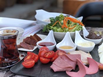 Close-up of food served on table