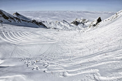 Snow covered landscape against sky