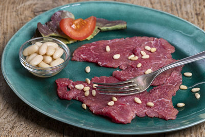 High angle view of food in plate on table