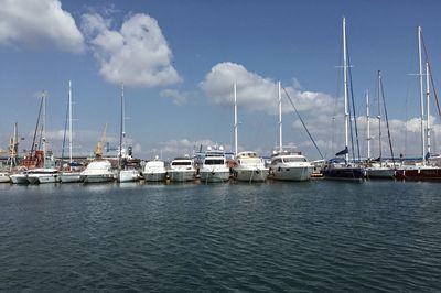 Sailboats moored in harbor