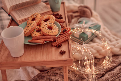 High angle view of cookies on table