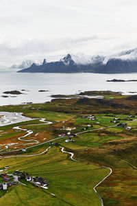 Aerial scenic view of landscape, sea and countryside in moskenesoy lofoten norway