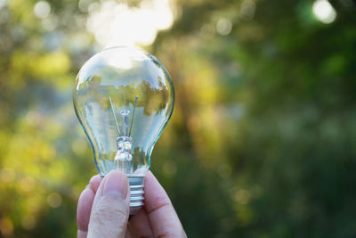 Close-up of hand holding light bulb against trees