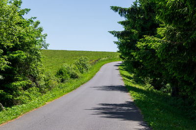 Empty road amidst trees against clear sky