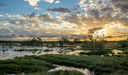 Scenic view of landscape against sky during sunset