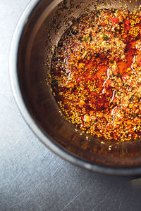 High angle view of food in bowl on table