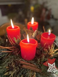 Close-up of illuminated candles on table