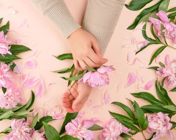 Directly above shot of woman hand with flower over table