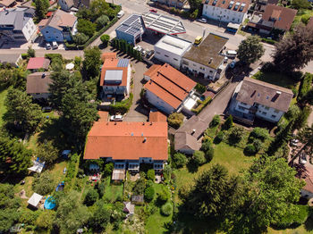 High angle view of houses and buildings in town