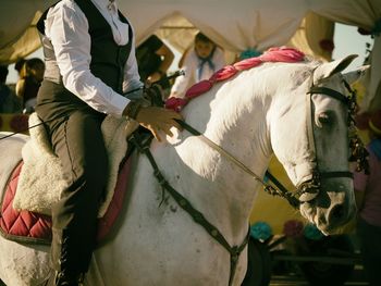 Midsection of man riding white horse