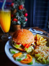 Close-up of burger on table