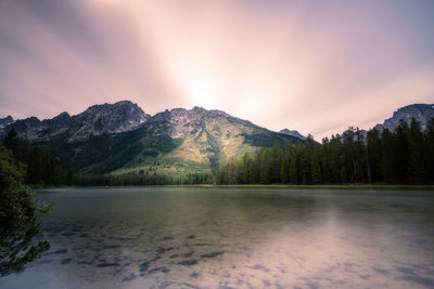 Scenic view of lake by mountains against sky