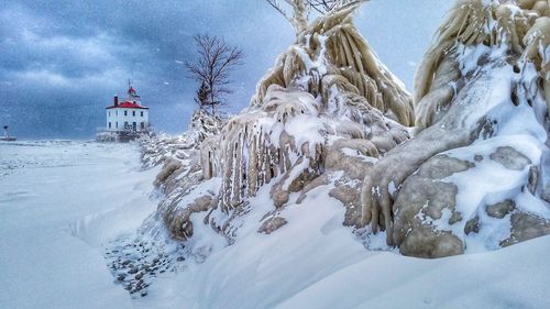 Snow covered trees by sea against sky