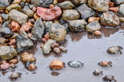 High angle view of stones on rocks