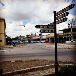 Road sign against cloudy sky