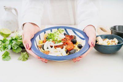 High angle view of meal served in bowl on table