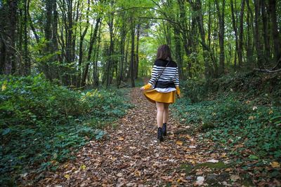 Rear view of woman walking in forest