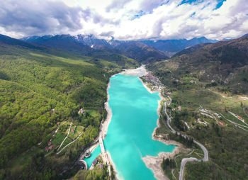 Barcis lake in a panoramic aerial view at valcellina-pordenone,place to visit on dolomites
