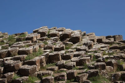 Low angle view of old ruins against clear blue sky