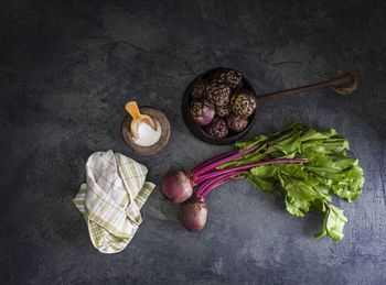 High angle view of food on table