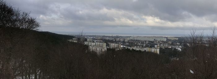 High angle view of buildings against sky