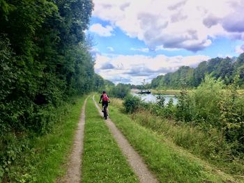 Rear view of boy cycling