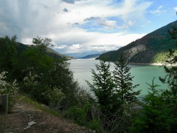 Scenic view of lake by trees against sky