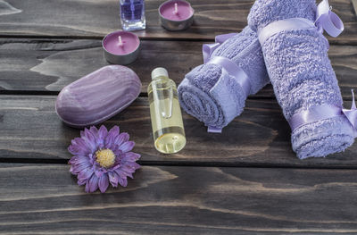 High angle view of spa objects on table