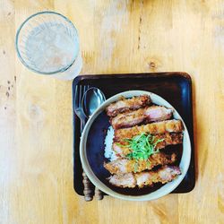 High angle view of meal served on table